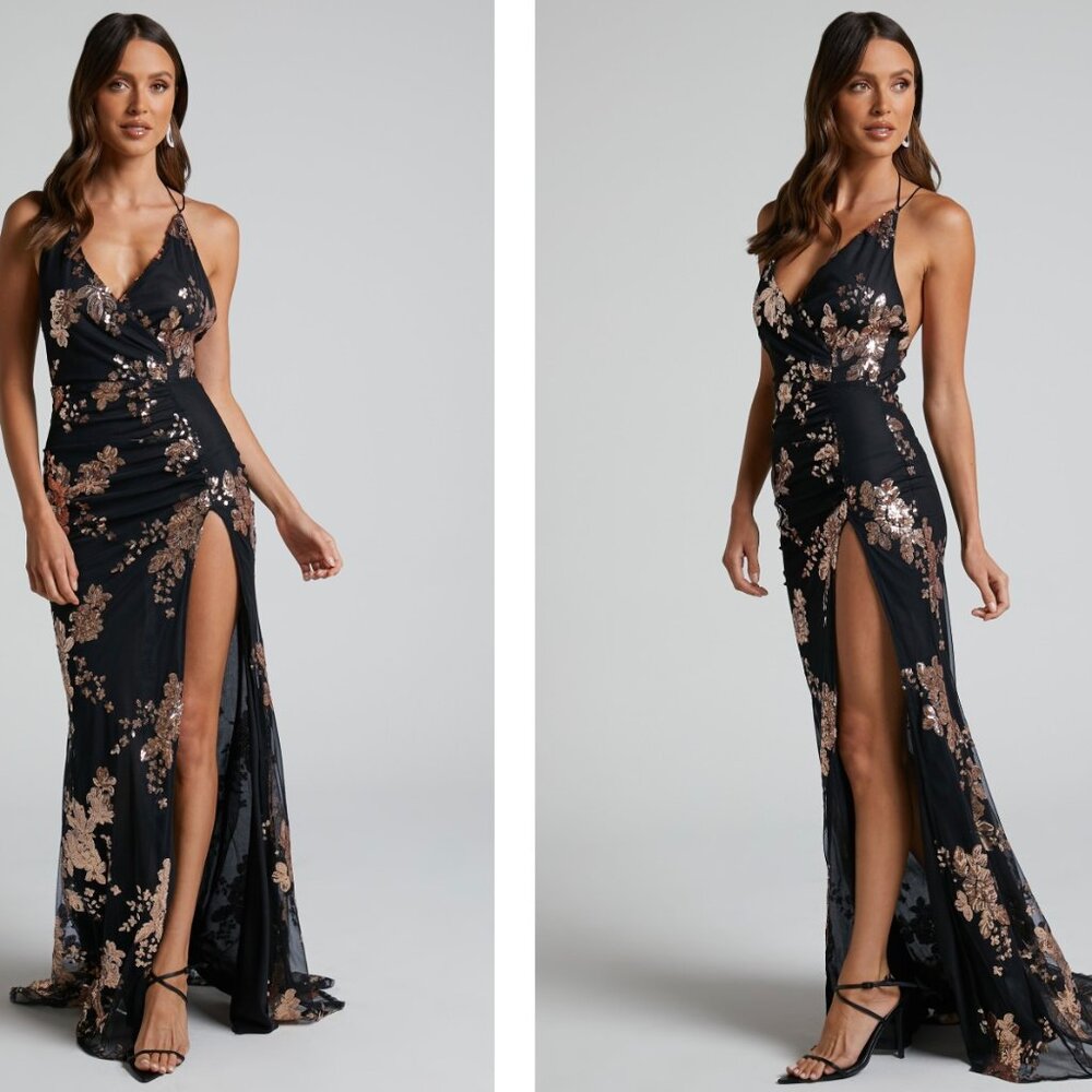 Showpo Color Me In Sequins Maxi Dress Black/Gold